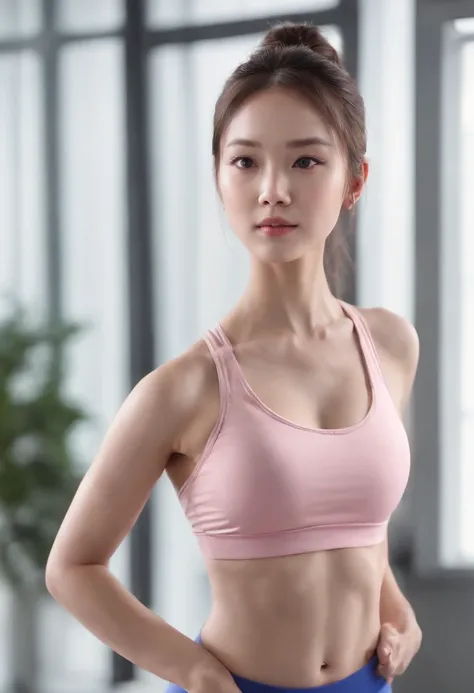 28-year-old Chinese woman,(pink sports bra),(Blue yoga pants),pony tails,Serious,Taking, Hold one hip,bended forward,cleavage,in  the gym,(Indoor Ligonte),(Photorealistic),(Best quality), (Masterpiece), (A high resolution), Original, Extremely detailed 8k ...