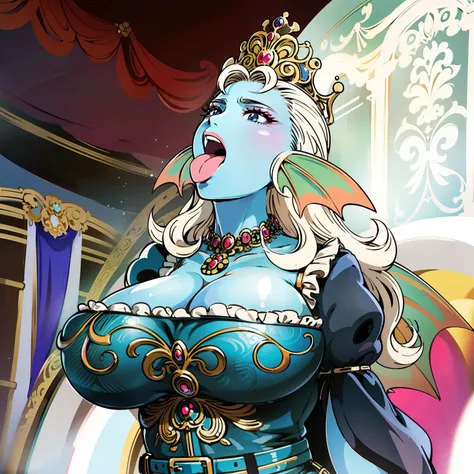 8K,High quality,Anime,married woman,Beautiful,clean,Bright,highlight in eyes,Sexy,ultra gigantic tits,oversized tits,Erotic,,beautiful line art. Blue skin, Blue and orange gradient ear fins, Tongue out, sexy expression, royal background, Black Dress,