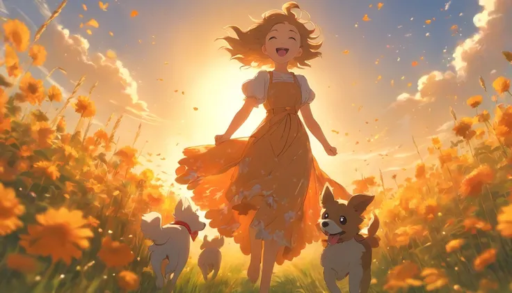 sunny clear sky，Splendid flowers bloom，Girl in long dress running happily with puppy in field