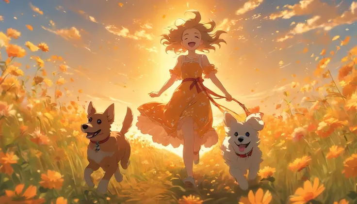 sunny clear sky，Splendid flowers bloom，Girl in long dress running happily with puppy in field