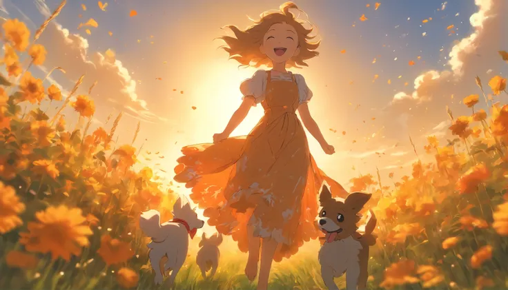 sunny clear sky，Splendid flowers bloom，Girl in long dress running happily with puppy in field