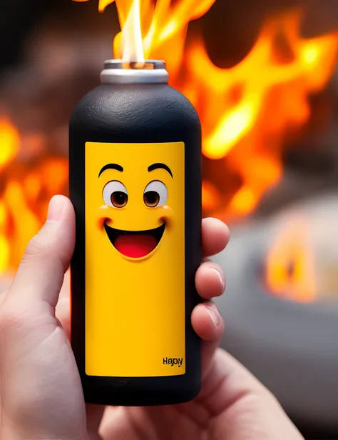 A happy emoji holding a bottle containing gasoline, with a cloth in its mouth on fire.  3d style, emoji movie, figuras whatsapp