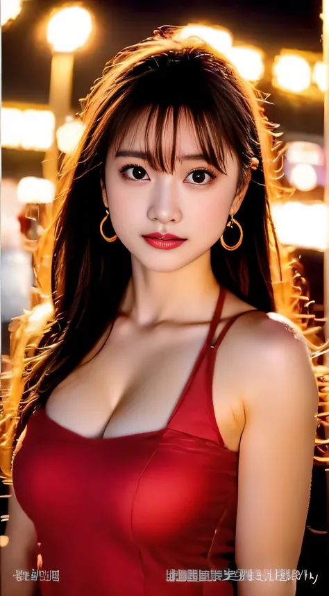 top-quality。８K-Picture。Ultra-high pixel。The background is the city at night。girl with。hair is long and slightly wavy,,,,,,,,,,,,,,,,,,,,,,,,,,,,,,,,,,,,,,,,,,,,,,,,,,,,,,,,,,,,,,,,,。The color is dark brown。Glamour style、((huge-breasted：1.8))。wearing red dr...