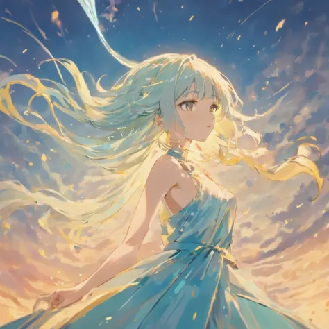 High quality, Very detailed, Clear Image, Profile anime girl, With long light blue hair, Hair in the wind, Golden Eyes, shiny earrings, White Dress, close to the body, Blue sky, With moving clouds