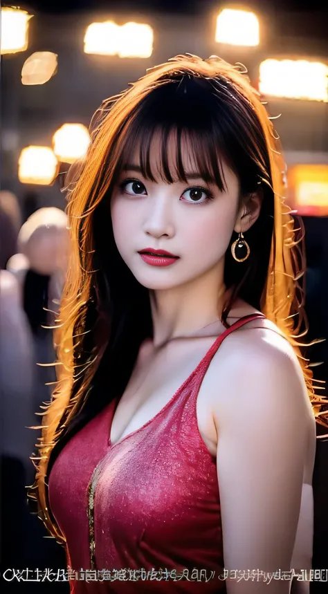 top-quality。８K-Picture。Ultra-high pixel。The background is the city at night。girl with。hair is long and slightly wavy,,,,,,,,,,,,,,,,,,,,,,,,,,,,,,,,,,,,,,,,,,,,,,,,,,,,,,,,,,,,,,,,,,。The color is dark brown。Glamour style、((huge-breasted：1.8))。wearing red d...