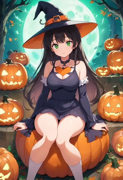 Curvaceous,1girl,sitting on 1spooky pumpkin,full body view,creepy pumpkins background,dressed as a witch,tall witch hat,thigh_highs,mini_skirt,large_hips,spooky,ghosts, Halloween, gigantic_breasts,cleavage cutout,blushing,ahegao_face,black-hair,green-eyes,...