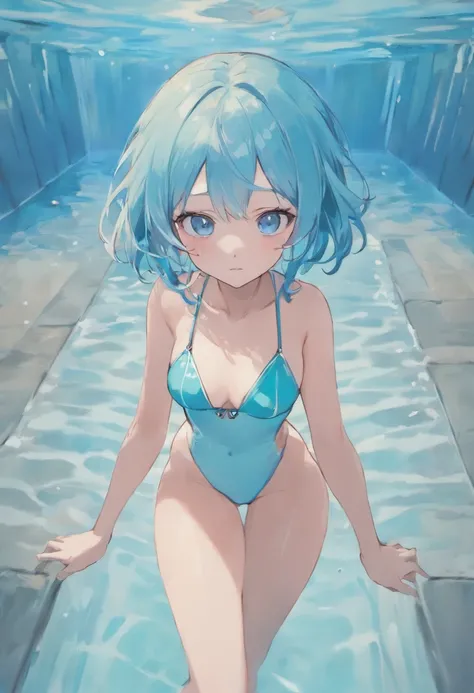 Small breasts, medium hair, light blue hair, 1girl, blue eyes, school swimsuit, partially submerged, pool, full-face blush