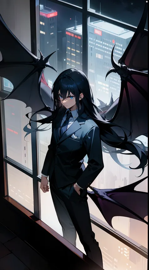 1man,solo,40s,serious face,teacher outfit, dark black hair,long hair,black dragon wings,blue eyes,standing in front of a window, night city