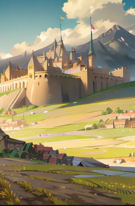 Only photos of the countryside of medieval Europe:1.5、A city with a castle、Golden wheat field、pale tones of pastel colors,:1.2、Hakoniwa angle、Miniature angle:1.5、Blur gradient up and down:1.5