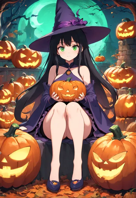 Curvaceous,1girl,sitting on 1spooky pumpkin,full body view,creepy pumpkins background,dressed as a witch,tall witch hat,thigh_highs,mini_skirt,large_hips,spooky,ghosts, Halloween, gigantic_breasts,cleavage cutout,blushing,ahegao_face,black-hair,green-eyes,...