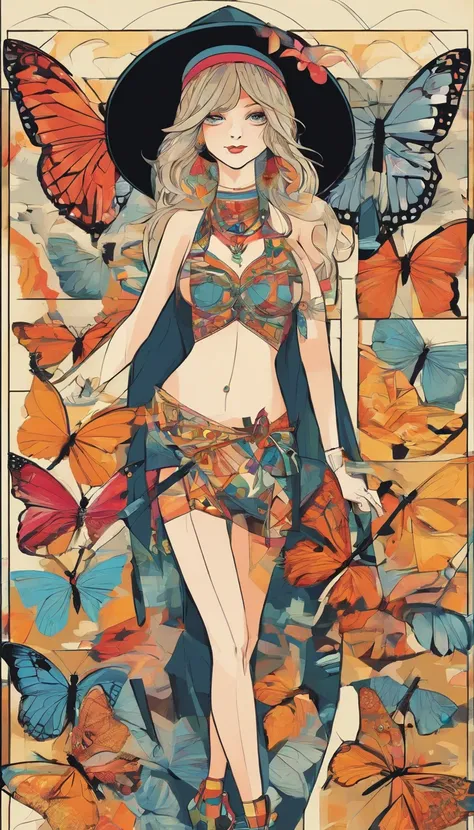 colorful butterflies, girl, bikini, upper body, witch hat, (face details: 1.2), (medium breasts), (cleavage), (thigh band), long hair, asymmetrical bangs, tarot border, centered figure, (no weapon), (swaying),