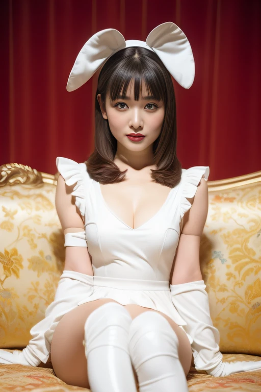 ((Highest image quality, outstanding details, ultra-high resolution, realism: 1.4)), 1beautiful girl, twenties, ((arrogant expression)), sitting on a vivid color cozy couch, open legs, soft light, white latex bunny-girl costume,a bit chubby,