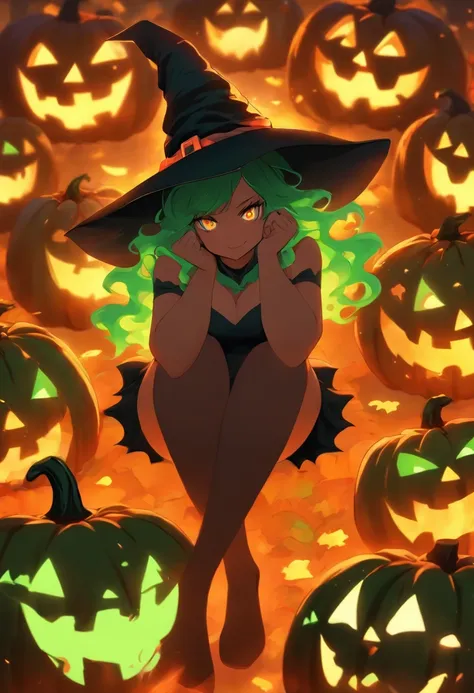 Curvaceous,1girl,sitting on 1spooky pumpkin,full body view,creepy pumpkins background,dressed as a witch,tall witch hat,thigh_highs,mini_skirt,large_hips,spooky,ghosts, Halloween, gigantic_breasts,cleavage cutout,blushing,ahegao_face,black-hair,green-eyes,...