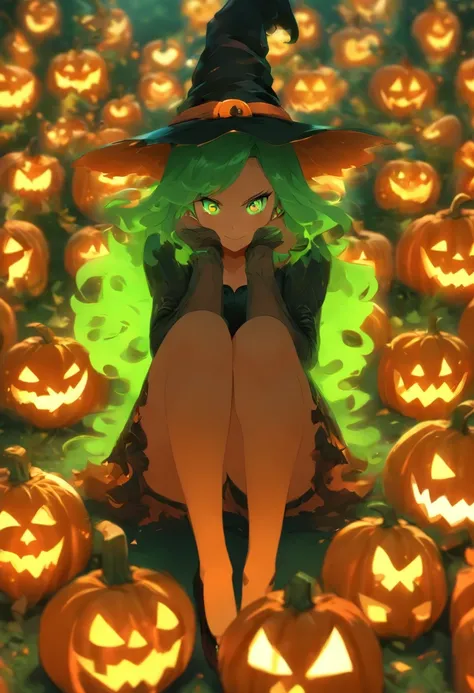 Curvaceous,1girl,sitting on 1spooky pumpkin,full body view,creepy pumpkins background,dressed as a witch,tall witch hat,thigh_highs,mini_skirt,large_hips,spooky,ghosts, Halloween, gigantic_breasts,cleavage cutout,blushing,ahegao_face,black-hair,green-eyes,...