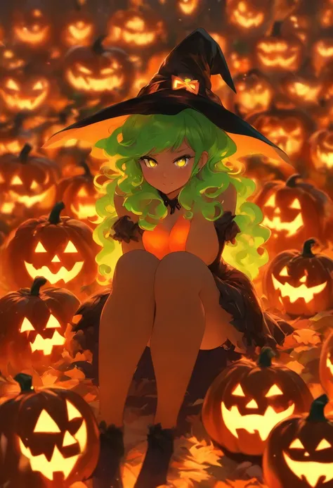 Curvaceous,1girl,sitting on 1spooky pumpkin,full body view,creepy pumpkins background,dressed as a witch,tall witch hat,thigh_highs,mini_skirt,large_hips,spooky,ghosts, Halloween, gigantic_breasts,cleavage cutout,blushing,ahegao_face,black-hair,green-eyes,...