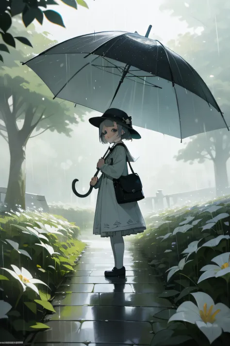 A lively and cheerful little girl ,A grey hue characteristic of rainy days ,Pleasant and homely atmosphere ,paths ,Flowers，rich greenery，Umbrellas ,Light rain  ,White space at the top of the frame , wide angles ,Natural light ,Movie light , Flat illustrati...