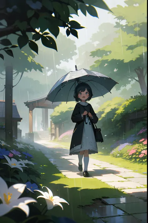 A lively and cheerful little girl ,A grey hue characteristic of rainy days ,Pleasant and homely atmosphere ,paths ,Flowers，rich greenery，Umbrellas ,Light rain  ,White space at the top of the frame , wide angles ,Natural light ,Movie light , Flat illustrati...