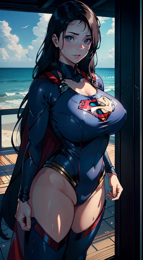 1female，35yo，Huge breasts， 独奏， Supergirl，Superman uniform，Dressed in blue cyberpunk style，比基尼， beautifullegs ，the ocean，  She has long flowing black hair， ，Sateen，Bigchest， From the front side， Wet straight hair， Sweating profusely，mostly cloudy sky，（tmast...