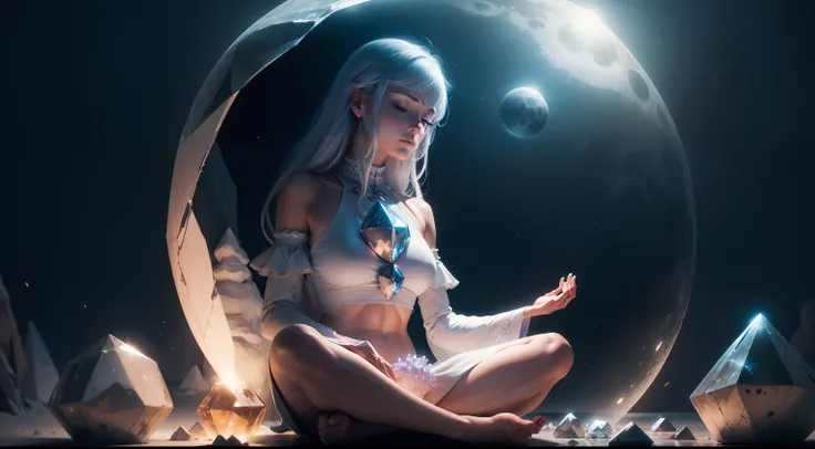 meditating under a moon holding a big crystal cluster