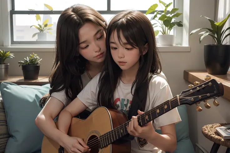 A young man with long hair playing guitar, teaching to play the guitar to a kid, clear room with big windows and a potted plant, illuminated by natural light. Highly detailed.