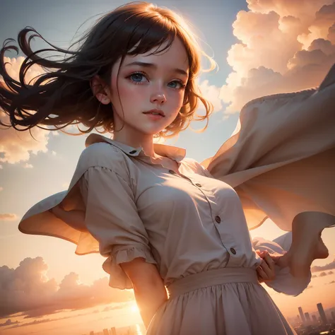 masterpiece, best quality, movie still, 1girl, cloud girl, floating in the sky, close-up, bright, happy, warm soft lighting, sunset, (sparks:0.7)