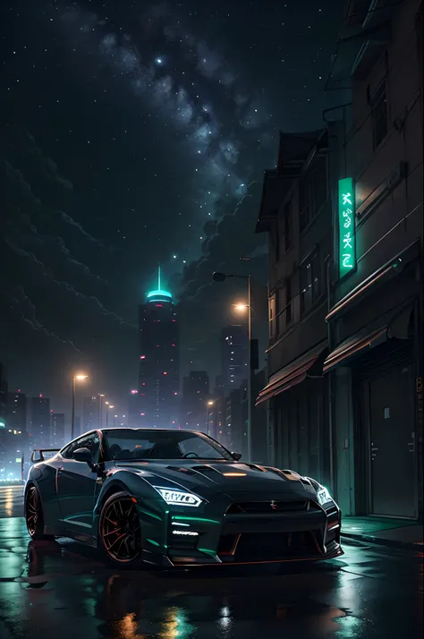 Crie uma foto, in high resolution, 8k, super detalhada, de um Nissan GTR, preto com detalhes verdes, no meio de uma cidade a noite