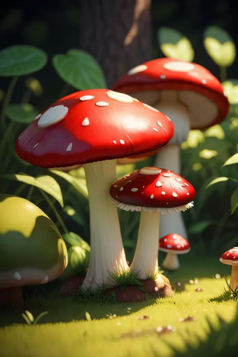 There are many mushrooms that are growing on the ground, Estilo Cogumelos e Estilo Macro, Cogumelos, super detailed rendering, highly detailed render, 3 d render stylized, 3d rendering stylized, Cogumelos, stylized as a 3d rendering, hyper - realistic rend...