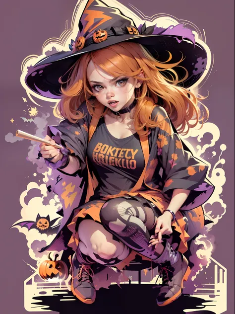 Vector t-shirt, Print-ready colorful graffiti, Illustration of a cute witch, Halloween, action shot, Halloween, high detail, whitebackground