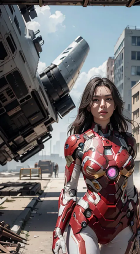 RAW, Masterpiece, Ultra Fine Photo,, Best Quality, Ultra High Resolution, Photorealistic, Sunlight, Full Body Portrait, Stunningly Beautiful,, Dynamic Poses, Delicate Face, Vibrant Eyes, (Side View) , she is wearing a futuristic Iron Man mech, red and gold...