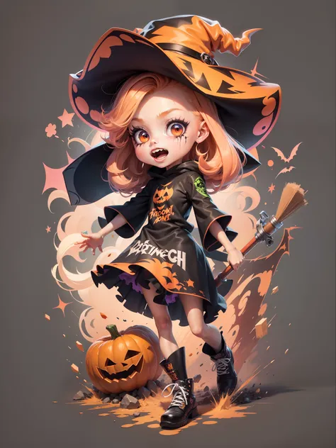 Vector t-shirt, Print-ready colorful graffiti, Illustration of a cute witch, Halloween, action shot, Halloween, high detail, whitebackground