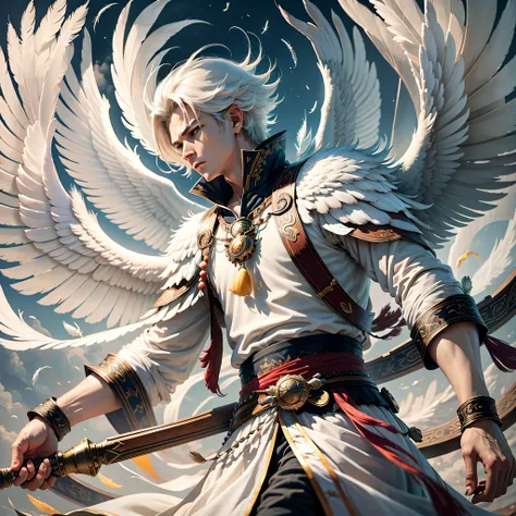 1boy, (8k, best picture quality, masterpiece: 1.4), final fantasy, (fantasy), (lighting), solo, white chinese chat, chinese clothes, (handle Feather Fan), feather, white cloth, cloud, eagle, wings --auto --s2