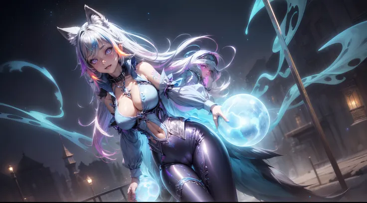 spiritual blue fire fluffy fox girl, (fluffy fox ears, fluffy fox tail), (spirit, spiritual:1.4), (blue fire:1.5), 1girl, perfect and well designed glowing shiny eyes, (beautiful detailed eyes:1.05), natural breasts, slim body, beautiful and delicate cute ...