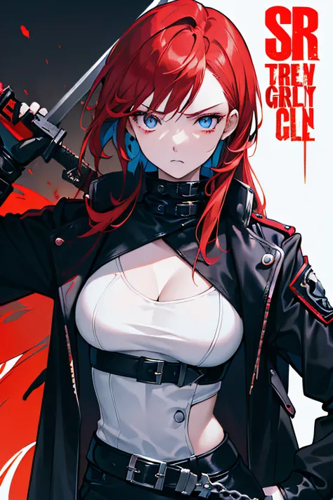 ((((dramatic))), (((gritty))), (((intense))) A red haired, blue eyed woman stands confidently in the center of the picture with a sword, wearing a stylish and cyberpunk outfit, The color palette is mainly dark with splashes of vibrant colors giving the pic...