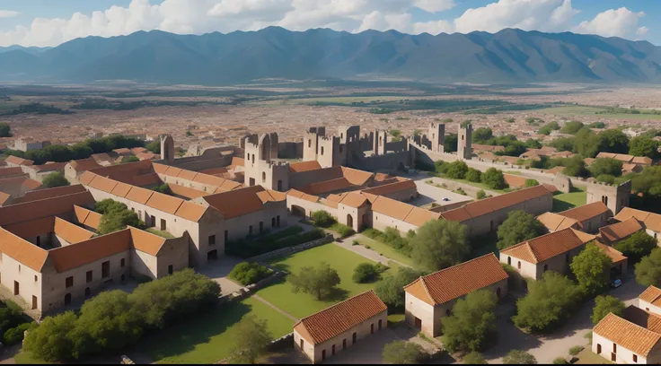 aerial view an ancient city with tall stone walls full of houses with red tiles