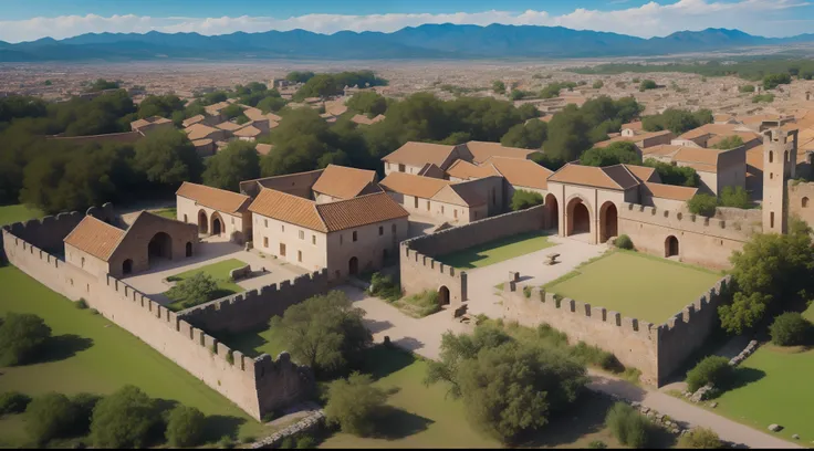 aerial view an ancient city with tall stone walls full of houses with red tiles