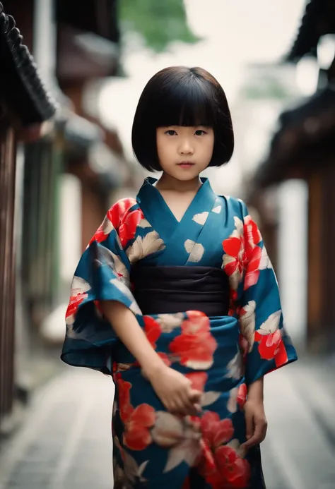 full bodyesbian, Wear colorful kimonos, 7 years old, 7 year old Japanese petite child on a dark city street, Dark and creepy streets, Petite girl, flatchest, Petite figure, Short black hair, Exposing the abdomen, midriff exposed, small tits, ((Big breasts ...