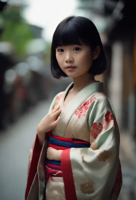 full bodyesbian, Wear colorful kimonos, 7 years old, 7 year old Japanese petite child on a dark city street, Dark and creepy streets, Petite girl, flatchest, Petite figure, Short black hair, Exposing the abdomen, midriff exposed, small tits, ((Big breasts ...