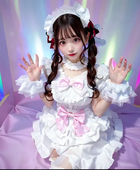 Woman in white satin dress posing for photo, angelic pretty, Belle Delphine, fairycore, kawaii decora rainbowcore, portrait of the magical Lolita girl, Lolita style, y 2 k cutecore clowncore, cutecore, Lolita Fashion, by Ayami Kojima, kinomoto sakura, Sati...