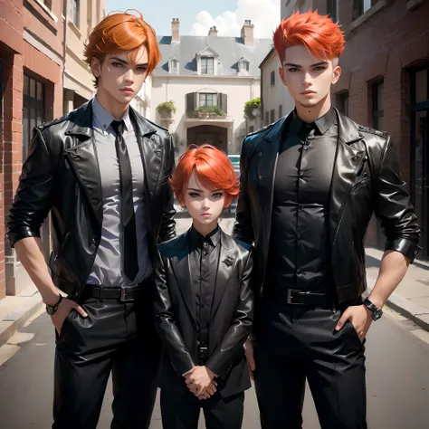 Hay tres hombres con chaquetas de cuero y corbatas posando para una foto, by Raphaël Collin, Familia Spy X, cosplay completo, Chico moreno y chico pelirrojo, Estilo anime muy moderno, Three futuristic princes, Gothic family, estilo anime", Solo estilo anim...