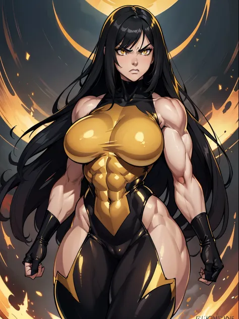 ((1 girl)), solo, black hair, extremely long hair, yellow eyes, (angry), pale skin, (((((((muscular))))))), ((thick thighs)), ((huge breasts)), (((black and golden body suit))), (((wide hips))), (shiny skin), dark atmosphere, shadow