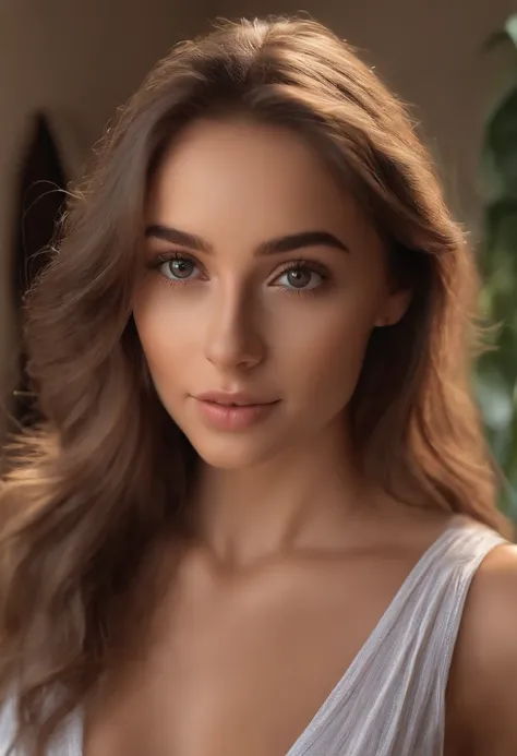 arafed woman fully naked, sexy girl with brown eyes, ultra realistic, meticulously detailed, portrait sophie mudd, brown hair and large eyes, selfie of a young woman, bedroom eyes, violet myers, without makeup, natural makeup, looking directly at the camer...