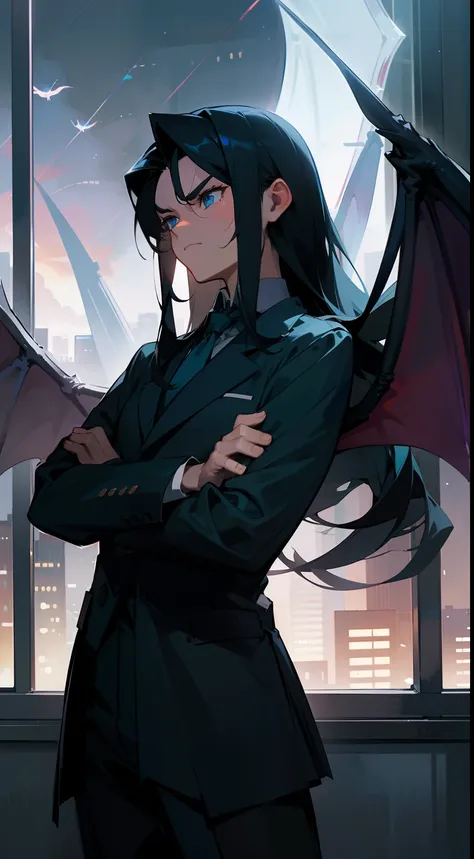 1man,solo,40s,serious face,teacher outfit, dark black hair,long hair, dragon wings,crossed arms,blue eyes,standing in front of a window, night city