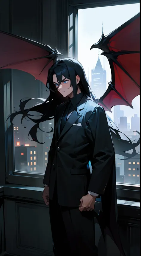 1man,solo,40s,serious face,teacher outfit, dark black hair,long hair,black dragon wings,blue eyes,standing in front of a window,...