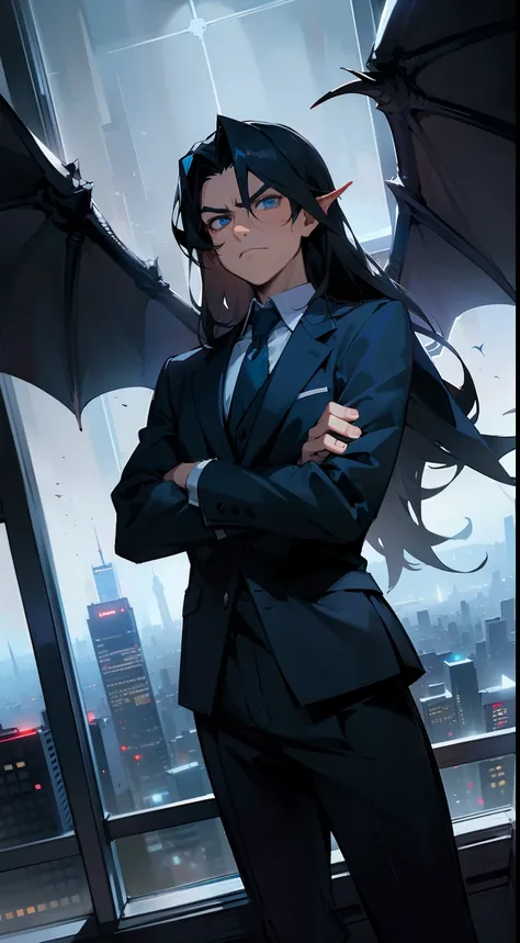 1man,solo,40s,serious face,teacher outfit, dark black hair,long hair, dragon wings,crossed arms,blue eyes,standing in front of a window, night city