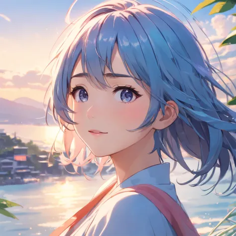 Illustration of a womans face、High-quality, detailed splash art、Splashes are flying、Gentle smile、Hair is light blue、The hair in the area exposed to the light is pink、Hair in the wind、Contre-Jour、Woman and background in pastel colors with vivid pale tones、L...