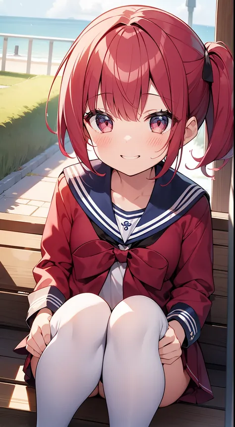 One girl、scarlet hair、poneyTail、a sailor suit、Kaihuai、A smile、A delightful、Cute Baby Turtle、Smile