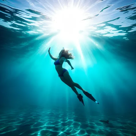 Woman in a bikini swimming under the sun, swimming underwater, Swimming underwater, swimming underwater, underwater light rays, subaquatic photography, floating underwater in a lake, floating under the water, underwater glow, deep underwater, Nadar no ocea...