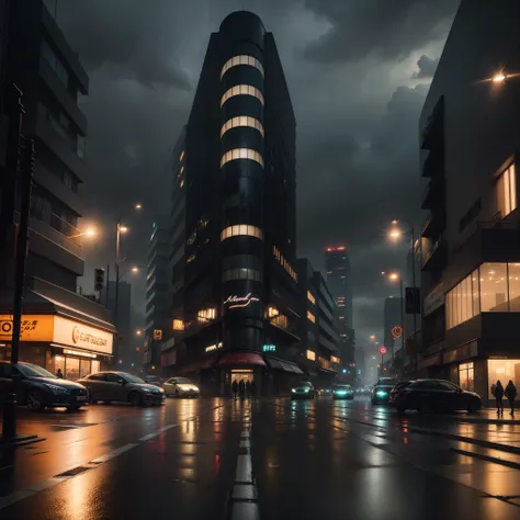 arafficial photograph of a city street with cars and buildings, rainy and gloomy atmosphere, gloomy/wet atmosphere, rainy urban streets, rainy street, rainy cyberpunk city, rainy mood, rainy atmosphere, rainy streets in the background, 32k, ultra HD, unrea...