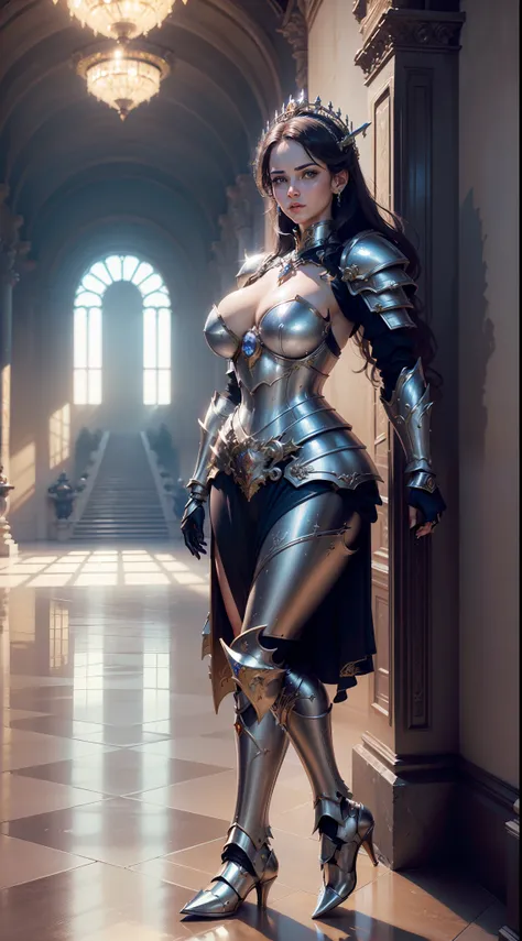 ((OBRA PRIMA )), (( Ultra HD resolution)),(( real lighting )), MULHER ALTA, 35 ANOS, (( WITH MECHANICAL FANTASY ARMOR )), (( DRESSED IN MECHANICAL ARMOR )), IN A FANTASY PALACE , (( BACKGROUND A HUGE HALL OF A PALACE ))