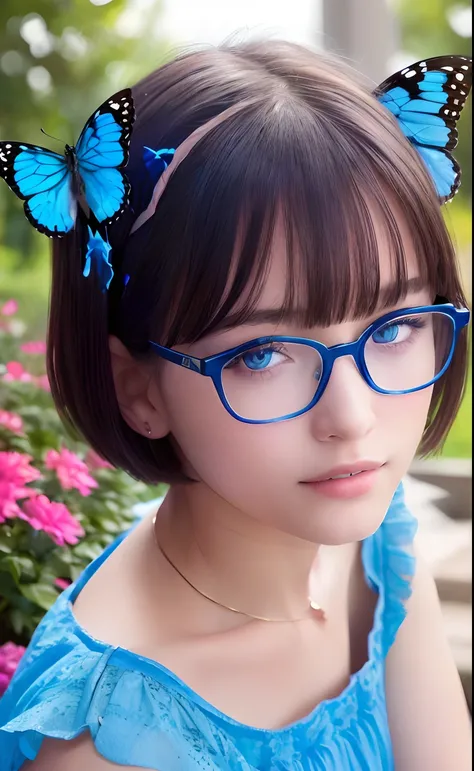 (highres, high lighting, 4k), blue rimmed glasses, star pupils, 1girl, face, detailed face, blue eye, garden, very short hair, she has a butterfly on her head, close up face, sun in mid day, smile, :), looking at viewer, close - up intensity, blue dress, e...